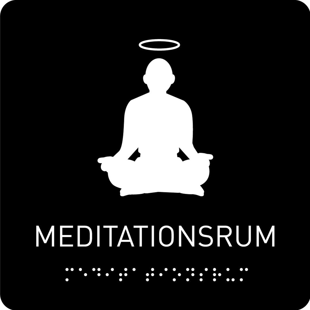 Skylt för meditationsrum föreställande mediterande människa med gloria